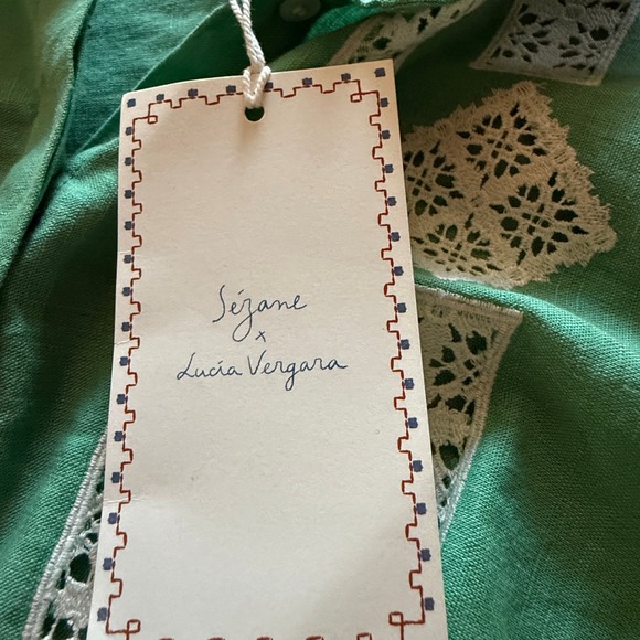 Sézane X Lucia Vergara Green Linen Embroidered Cottagecore  Blouse Avant Garde - Picture 7 of 13